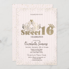 Guld Tiara Confetti Princess Stripe Sweet 16 Inbjudningar