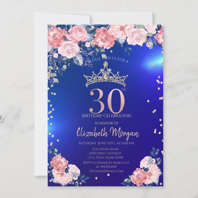 Guld Tiara Diamanter Blommor Blå 30-årsdag Inbjudningar (Framsida)