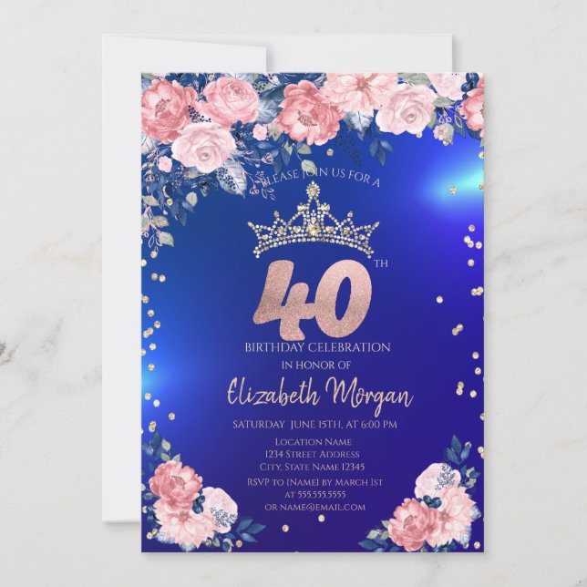 Guld Tiara Diamanter Blommor Blå 40-årsdag Inbjudningar (Framsida)