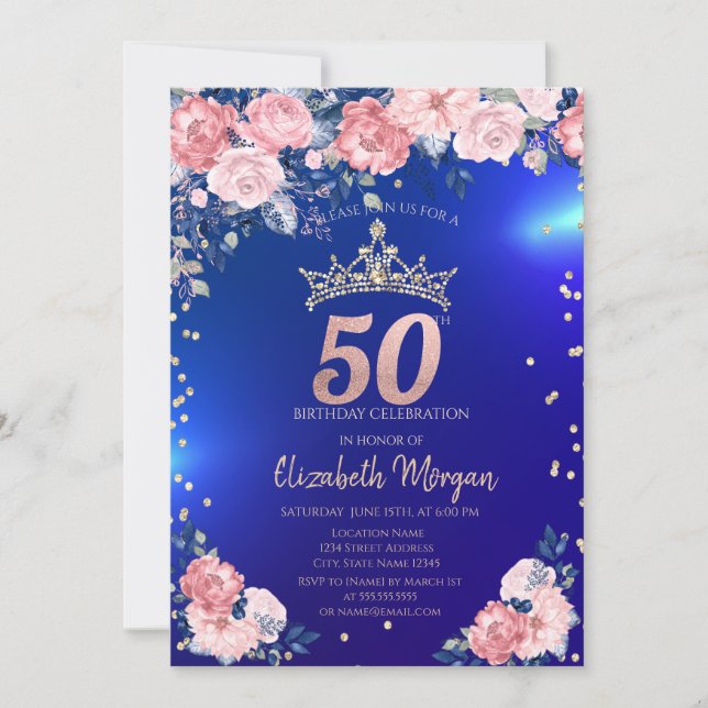 Guld Tiara Diamanter Blommor Blå 50-årsdag Inbjudningar (Framsida)