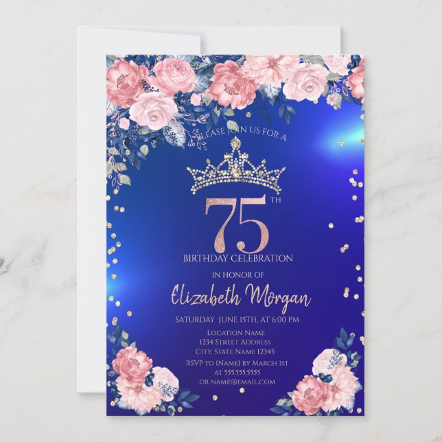 Guld Tiara Diamanter Blommor Blå 75-årsdag Inbjudningar (Framsida)
