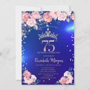 Guld Tiara Diamanter Blommor Blå 75-årsdag Inbjudningar