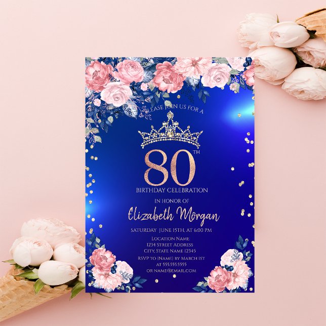 Guld Tiara Diamanter Blommor Blå 80-årsdag Inbjudningar (Skapare uppladdad)