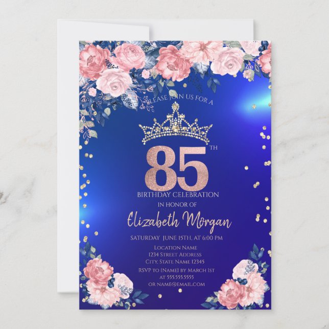 Guld Tiara Diamanter Blommor Blå 85-årsdag Inbjudningar (Framsida)