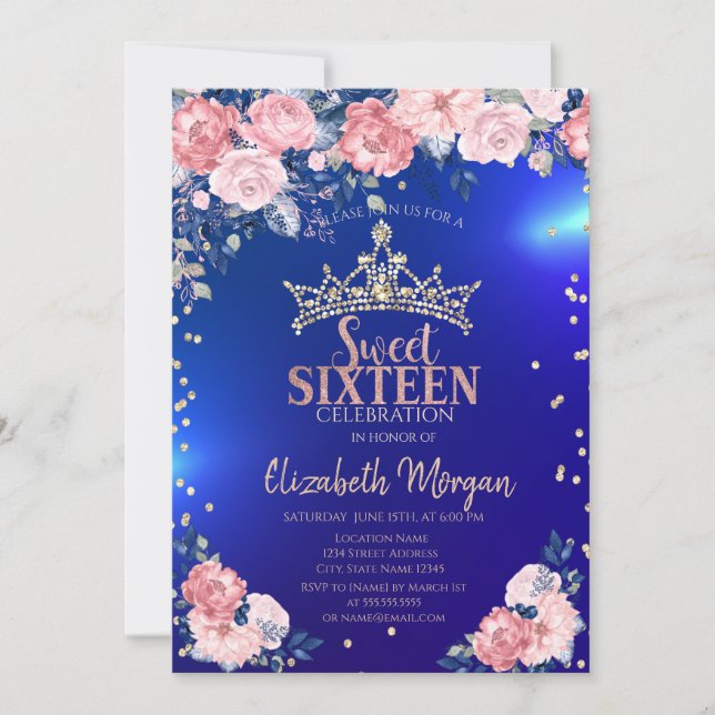 Guld Tiara Diamanter Blommor Blå Sweet 16 Inbjudningar (Framsida)