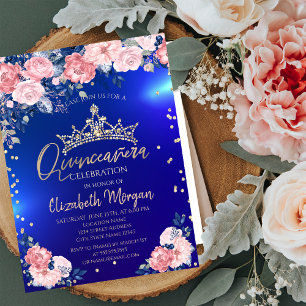 Guld Tiara Diamanter Rosor Blå Quinceañera Inbjudningar