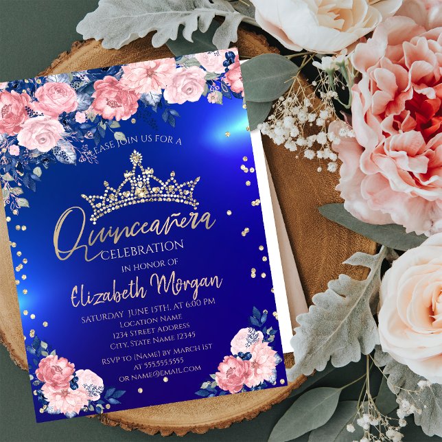 Guld Tiara Diamanter Rosor Blå Quinceañera Inbjudningar (Skapare uppladdad)