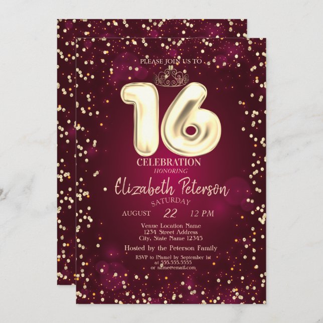 Guld Tiara,Diamonds Burgundy Sweet 16 Party Inbjudningar (Fram/baksida)