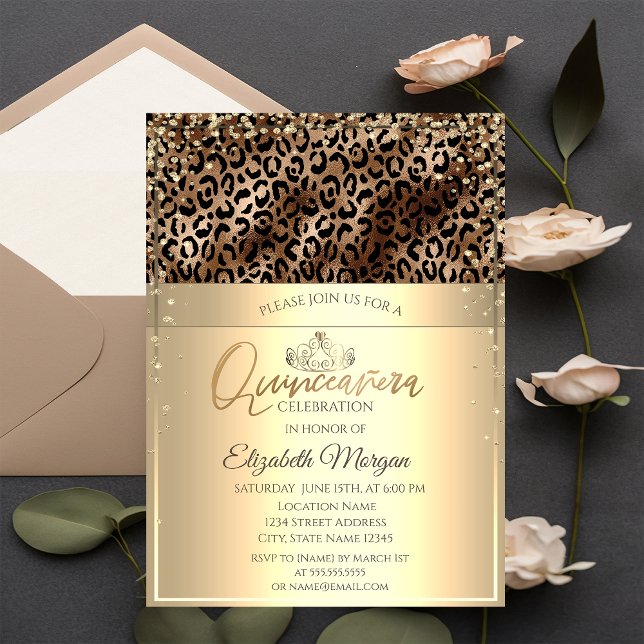 Guld Tiara,Diamonds Leopard Skriv ut Quinceañera Inbjudningar (Skapare uppladdad)