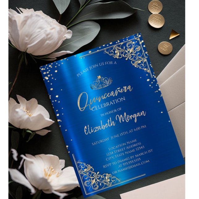 Guld Tiara,Diamonds Metallic Blue Quinceañera Inbjudningar (Skapare uppladdad)