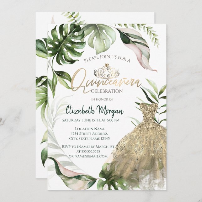 Guld Tiara Dress Tropical Lövs Quinceañera Inbjudningar (Fram/baksida)