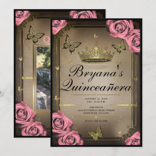 Guld Tiara Fjärilar Rosa Rosor Quinceañera  Inbjudningar