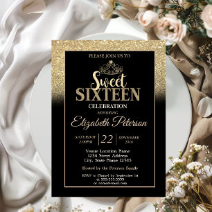 Guld Tiara Glitter Bokeh Ombre Sweet 16 Festlig Inbjudningar
