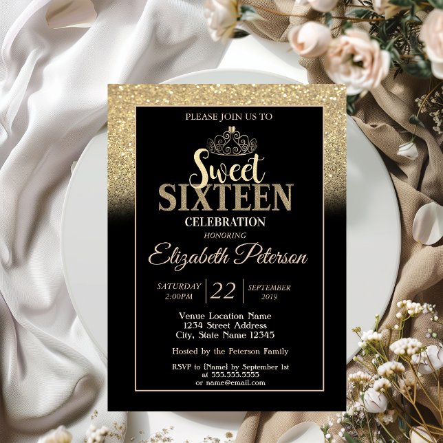 Guld Tiara Glitter bokeh Ombre Sweet 16 Party Inbjudningar (Skapare uppladdad)