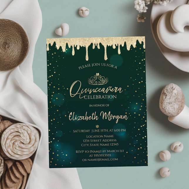 Guld Tiara,Glitter Drips Grönt Quinceañera Inbjudningar (Skapare uppladdad)