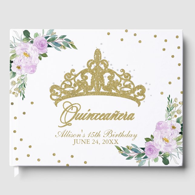Guld Tiara  Lila Lilac Blommigt Quinceanera Gästböcker (Framsida)