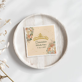 Guld Tiara och Peach Fuzz Blommigt Quinceanera Pappersservett