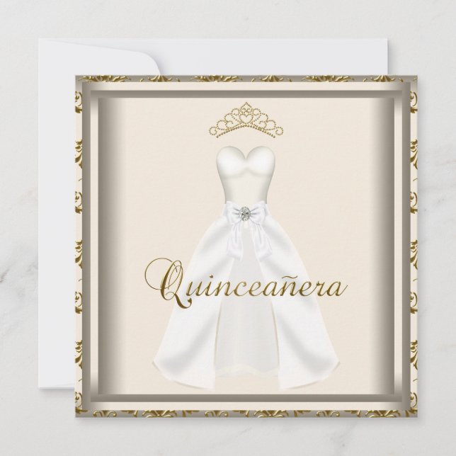 Guld Tiara Party Dress Guld Quinceanera Inbjudningar (Framsida)