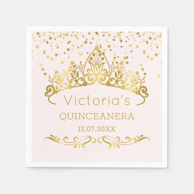 Guld tiara, polka dot konetti Quinceanera Pappersservett (Framsidan)