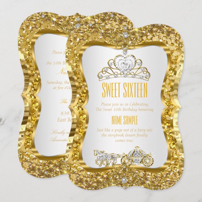 Guld Tiara Prinsessa Sweet 16 Guld Vit Inbjudan (Fram/baksida)