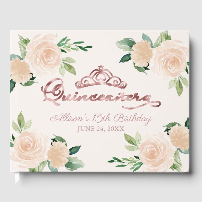 Guld Tiara  Rosa Blommigt Quinceanera Guest Boo Gästböcker (Framsida)