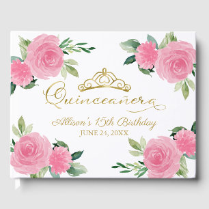 Guld Tiara  Shock rosa Blommigt Quinceanera Gästböcker
