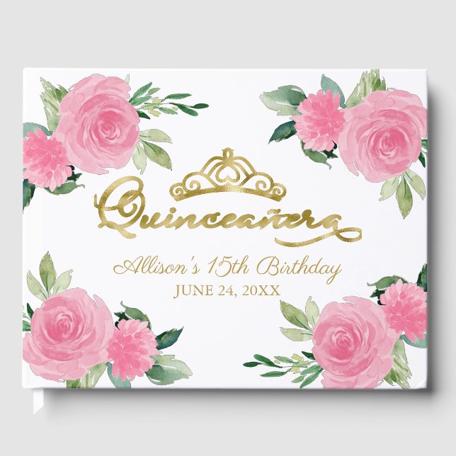 Guld Tiara  Shock rosa Blommigt Quinceanera Gästböcker (Framsida)