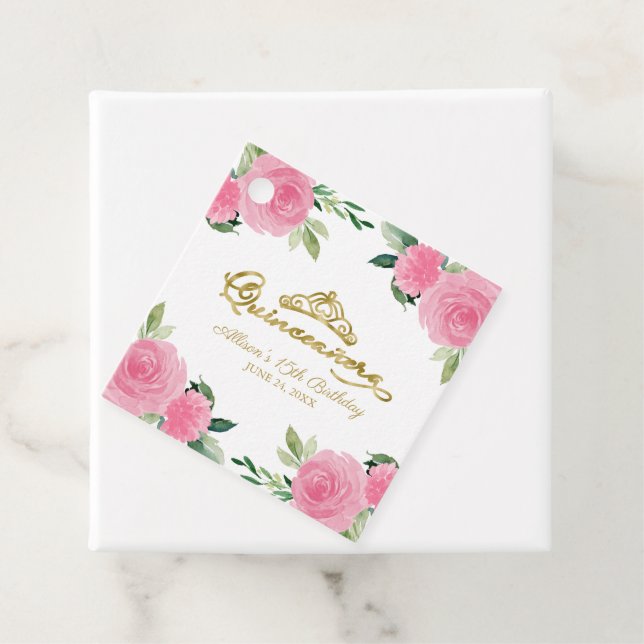 Guld Tiara Shock rosa Blommigt Quinceanera Gåvor Etiketter (På plats)