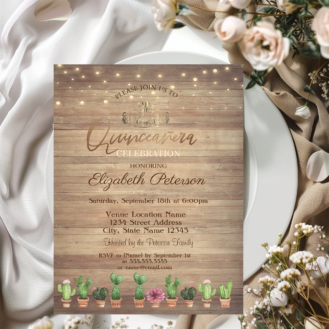 Guld Tiara,String Ljus Cactus Wood Quinceañera Inbjudningar (Skapare uppladdad)