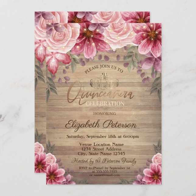 Guld Tiara,String Ljus Flowers Wood Quinceañera Inbjudningar (Fram/baksida)