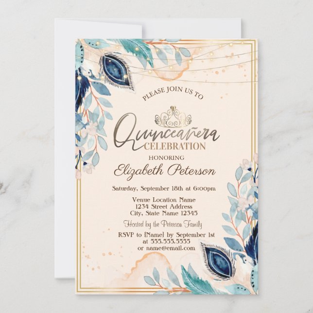 Guld Tiara,String Ljus Wood Flowers Quinceañera Inbjudningar (Framsida)