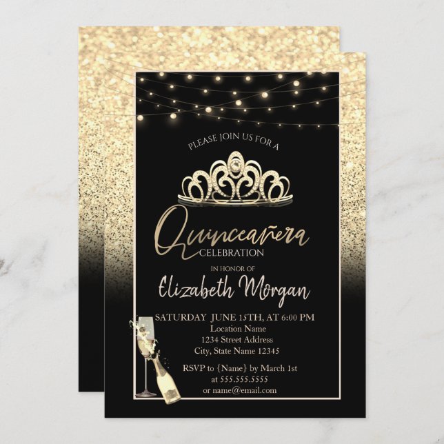 Guld Tiara,Vin Glass Glitter Quinceañera Inbjudningar (Fram/baksida)