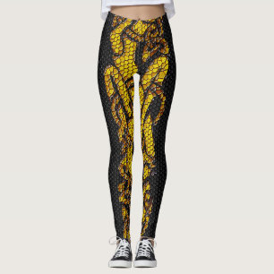 Guld Tiled Celtic Knot Dragon Hound on Black Leggings