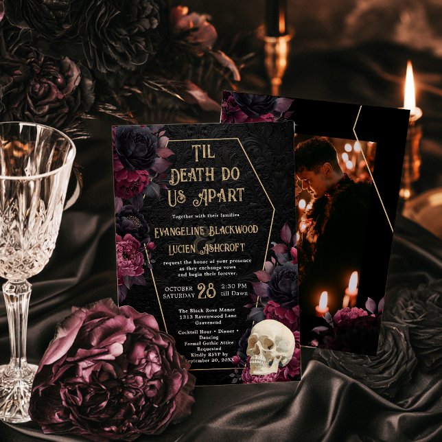 Guld Tills Döden Skiljer Oss Åt Gotiskt Bröllopsfo Inbjudningar (Gold Til Death Do Us Part Gothic Wedding Photo Invitation)
