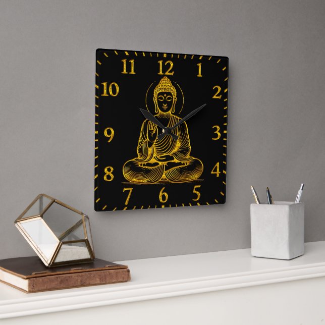 Guld Tittar Buddha-staty med strålande övergånglig Fyrkantig Klocka (Kontor)