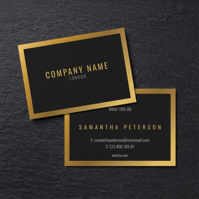 Guld, tjockt svart bakgrund guld gräns visitkort (Gold effect, thick gold border black background business card.)