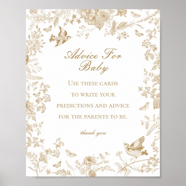 Guld Toile de Jouy Advice for Baby Shower Game Poster (Framsidan)