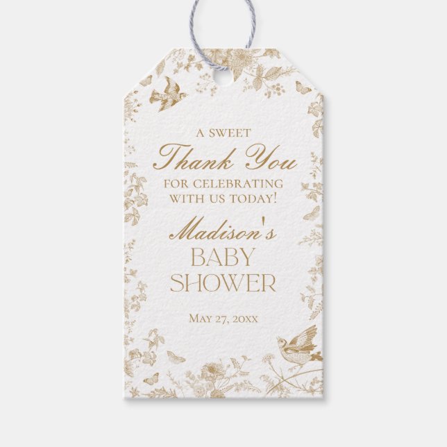 Guld Toile De Jouy Baby Shower-presenter Presentetikett (Framsidan)