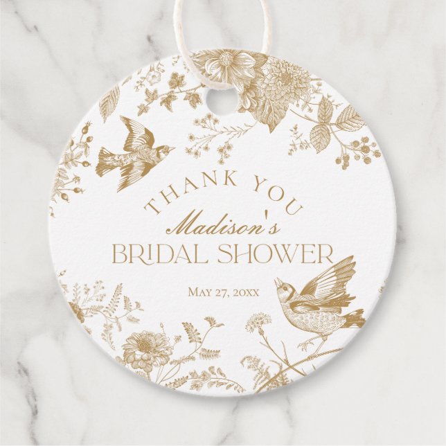Guld Toile De Jouy Blommig Bröllopsduschpresent Gåvor Etiketter (Framsida)