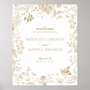 Guld Toile De Jouy Blommigt Bröllop Välkomstskylt Poster
