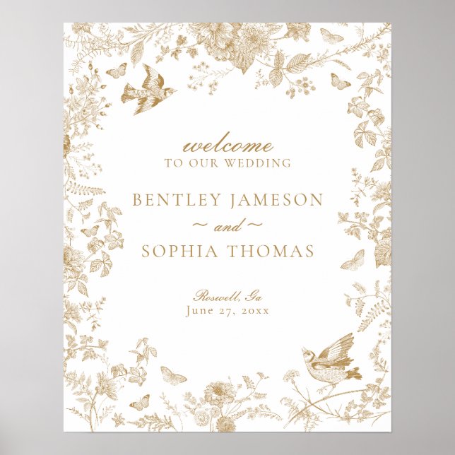 Guld Toile De Jouy Blommigt Bröllop Välkomstskylt Poster (Framsidan)