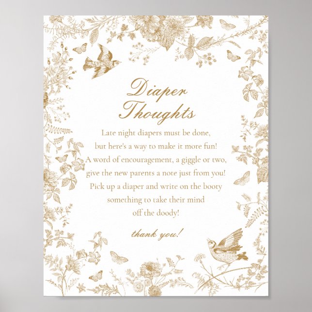 Guld Toile de Jouy Diaper Thoughts Baby Shower Poster (Framsidan)