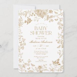 Guld Toile De Jouy Vintage Blommigt Baby Shower Inbjudningar