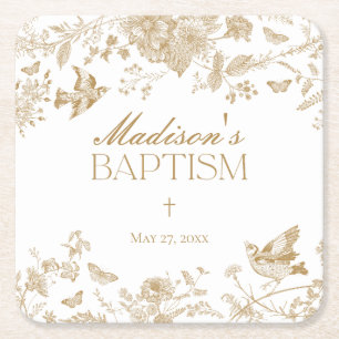 Guld Toile De Jouy Vintage Blommigt Baptism Underlägg Papper Kvadrat