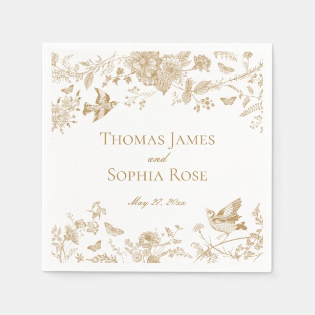 Guld Toile De Jouy Vintage Blommigt Bröllop Pappersservett (Framsidan)