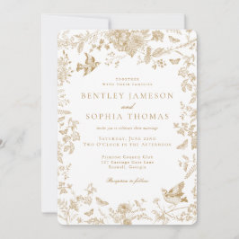 Guld Toile De Jouy Vintage Fransk Blommigt Bröllop Inbjudningar