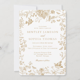 Guld Toile De Jouy Vintage Fransk Blommigt Bröllop Inbjudningar