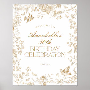 Guld Toile Jouy Blommigt Födelsedagsfest Välkomstt Poster