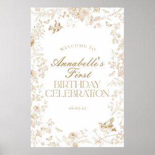 Guld Toile Jouy Blommigt Födelsedagsfest Välkomstt Poster