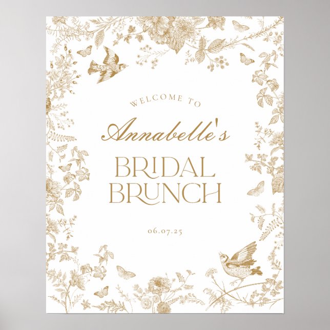 Guld Toile Jouy Blommigt Möhippa Brunch Välkomstte Poster (Framsidan)
